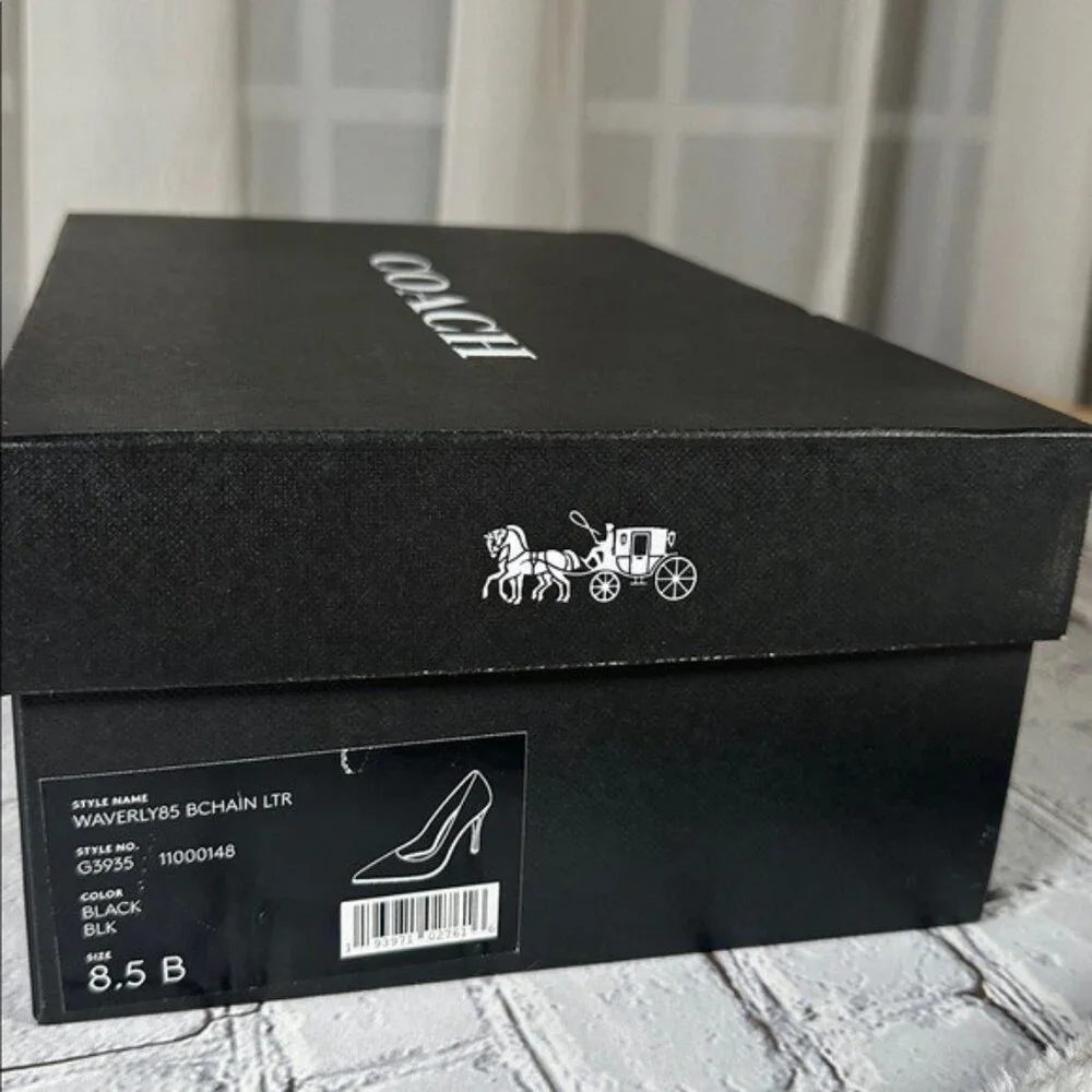 Coach Waverly Beadchain Leather Heels Black Gold Shoes - Picture 13 of 16